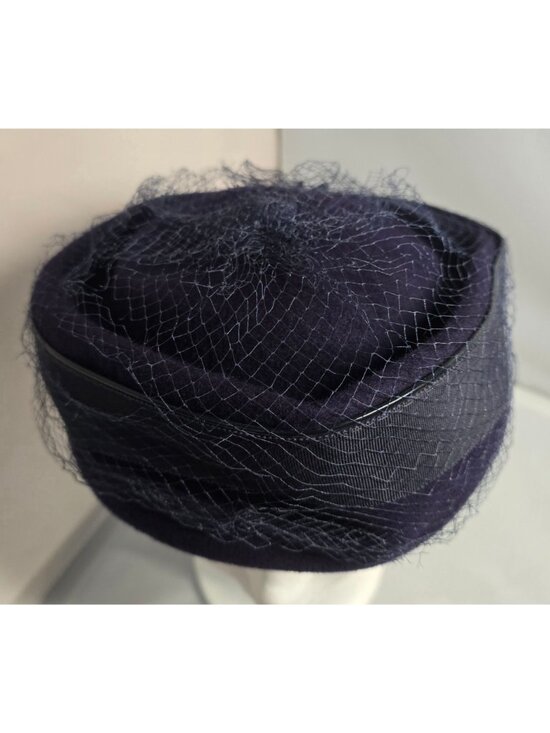 Vintage Glenover Hat Ribbon Veil pillbox Navy Blue Felt formal  derby party